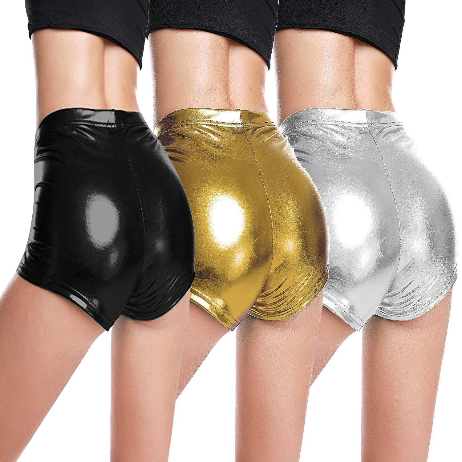 women silver metallic yoga shorts rave booty shorts mid