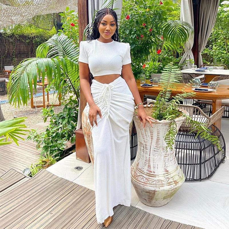 suit skirt long waist-baring pleated sleeve short womens