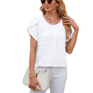 petal chiffon sleeve top round Jacquard neck solid color