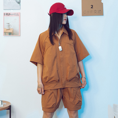 炸街盐系轻薄运动服套装男女夏季宽松大码工装短袖衬衫短裤两件套