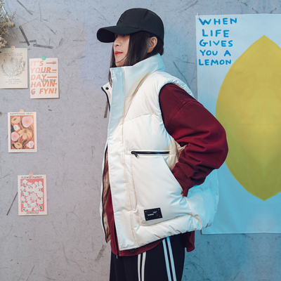 2025冬装立领外穿棉羊毛马甲宽松大码学生男女棉马甲坎肩潮牌白色