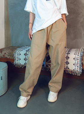 美式复古卡其色工装裤潮牌女男加大码宽松紧腰拼接休闲裤街舞裤