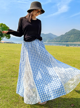 2025秋季旅行百搭长裙格子文艺风半身裙小仙女蓬蓬裙松紧腰大摆裙