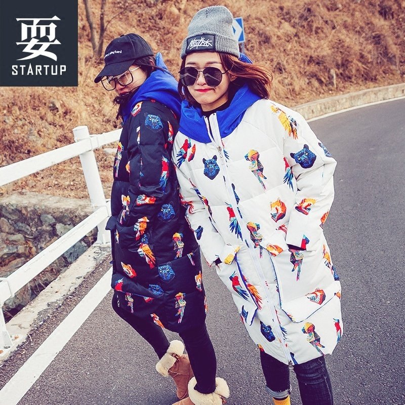 断码清仓冬装潮牌STARTUP耍羽绒服女韩版过膝鸭绒宽松中长款加厚