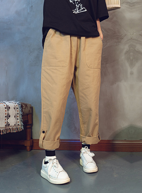 日韩系复古翻边休闲裤女男加大码宽松街舞裤工装裤水洗棉卡其色