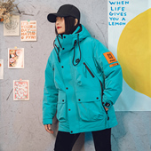 25冬装 情侣孔雀蓝 羽绒服鸭绒外套男女宽松大码 潮牌袖 标字母背带式