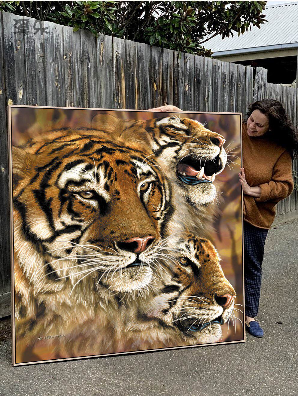 新中式猛虎下山油画客厅写实动物装饰画玄关十二生肖老虎挂画