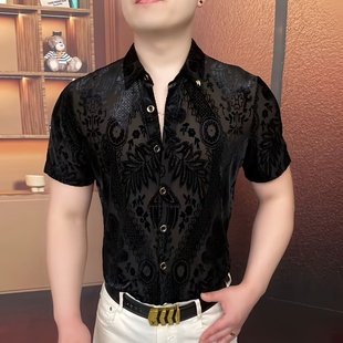 欧货夏季新款男士翻领丝绒提花镂空短袖衬衫时尚修身弹力型男上衣
