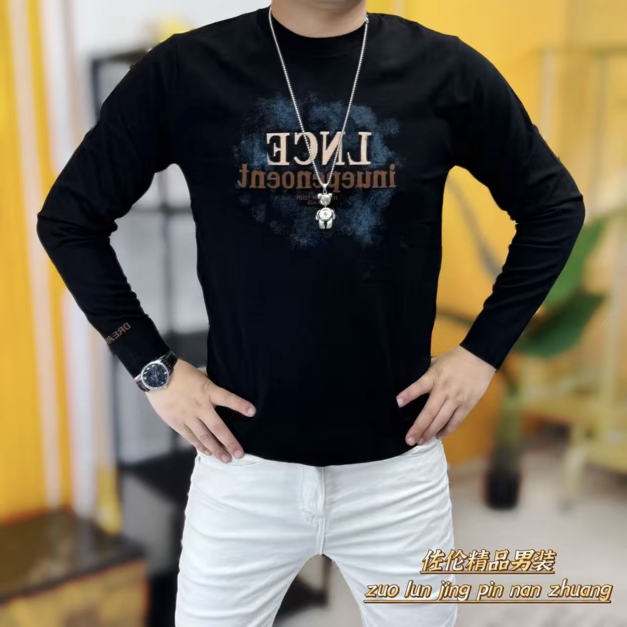 欧货秋冬季新款男士圆领毛衣时尚字母提花烫钻修身弹力衫潮牌打底