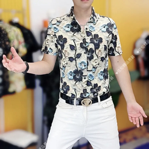 欧货夏季新款男士冰丝翻领短袖衬衫时尚修身弹力半袖个性印花上衣