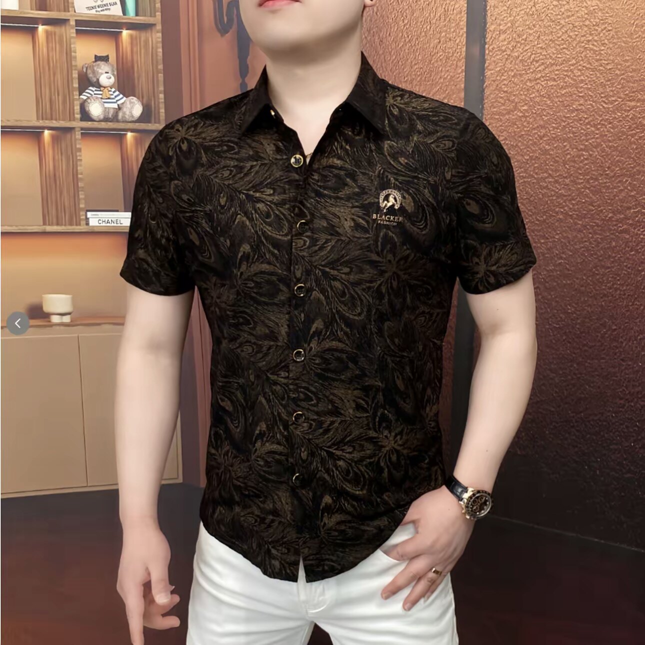 欧货夏季新款男士翻领印花短袖衬衣时尚百搭休闲修身欧版帅气上衣