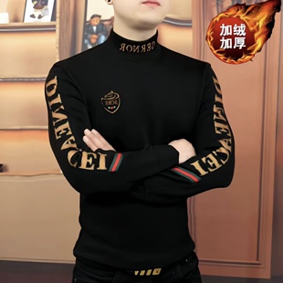 欧货冬季新款男士半高领加绒卫衣时尚修身弹力百搭型男长袖打底男