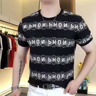 夏季男士圆领冰丝印花提花短袖T恤时尚修身弹力个性半袖型男上衣