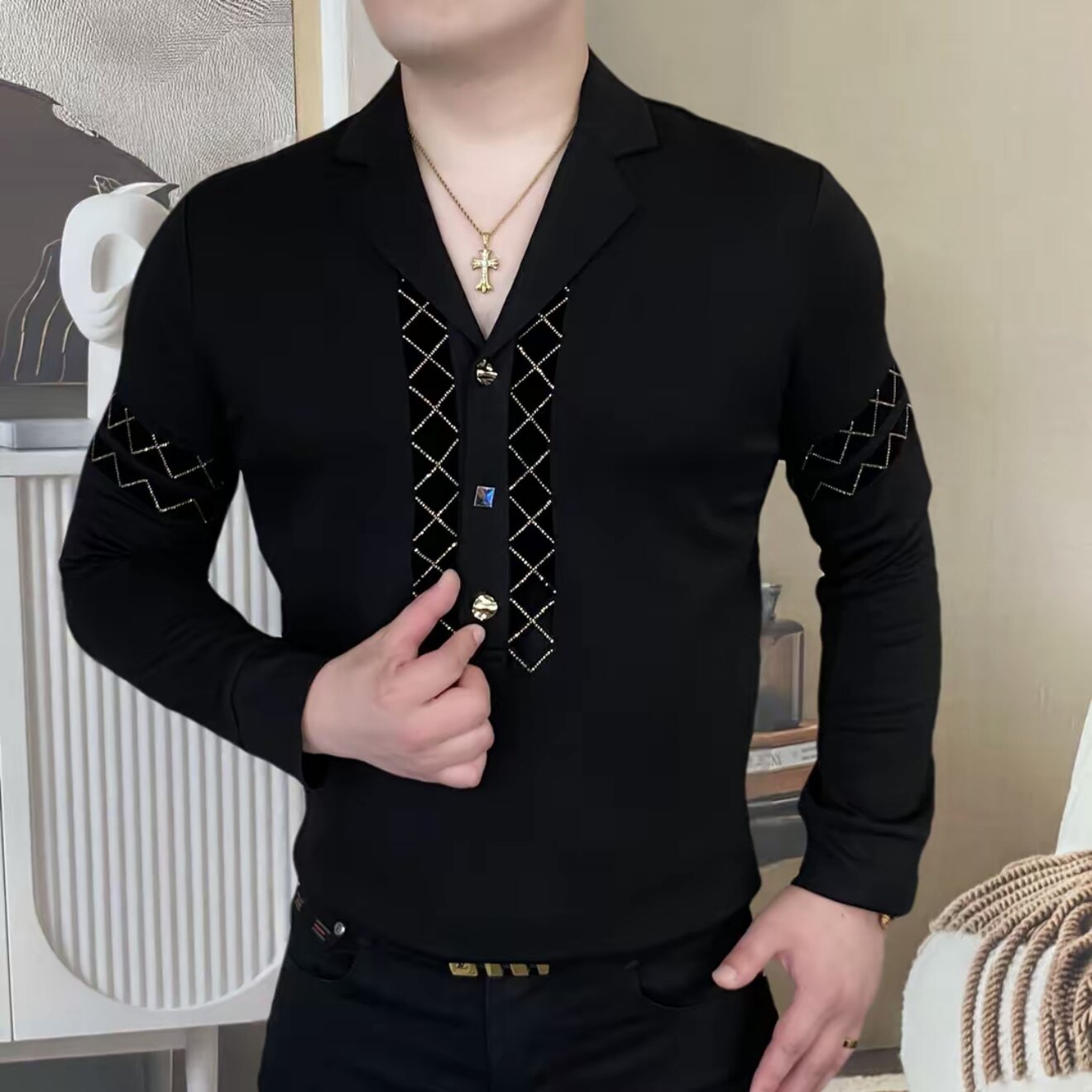 欧版男士秋季新款翻领长袖卫衣时尚修身弹力个性百搭休闲打底衫男
