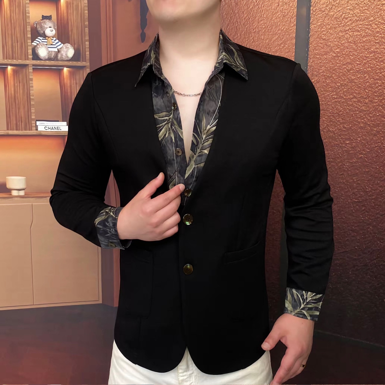 秋季欧货新款男士假两件卫衣翻领轻奢时尚简约开衫衬衫领西服外套