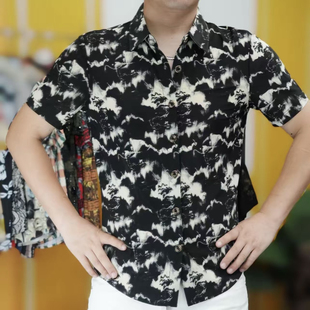 翻领数码 印花短袖 弹力型男修身 新款 上衣 修身 男士 时尚 欧货夏季 衬衫