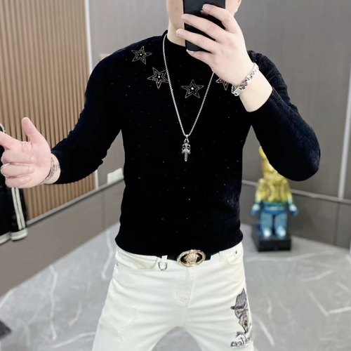 欧货站2024冬季新款男士摩卡绒针织烫钻重工艺潮牌圆领修身毛衣男