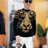 冬季 青年针织摩卡提花虎头烫钻时尚 修身 2024新款 圆领弹力男士 毛衣