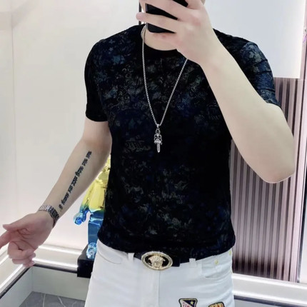 欧货站2025新款男士短袖夏季高品质新款冰丝烧花韩版时尚轻奢T恤