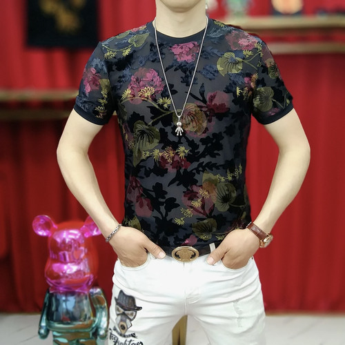 欧货站新款男士植绒烧花玫瑰花提花镂空短袖时尚圆领修身弹力T恤