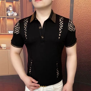 时尚 翻领烫钻镂空Polo衫 短袖 弹力型男上衣男 修身 新款 欧货夏季 男士