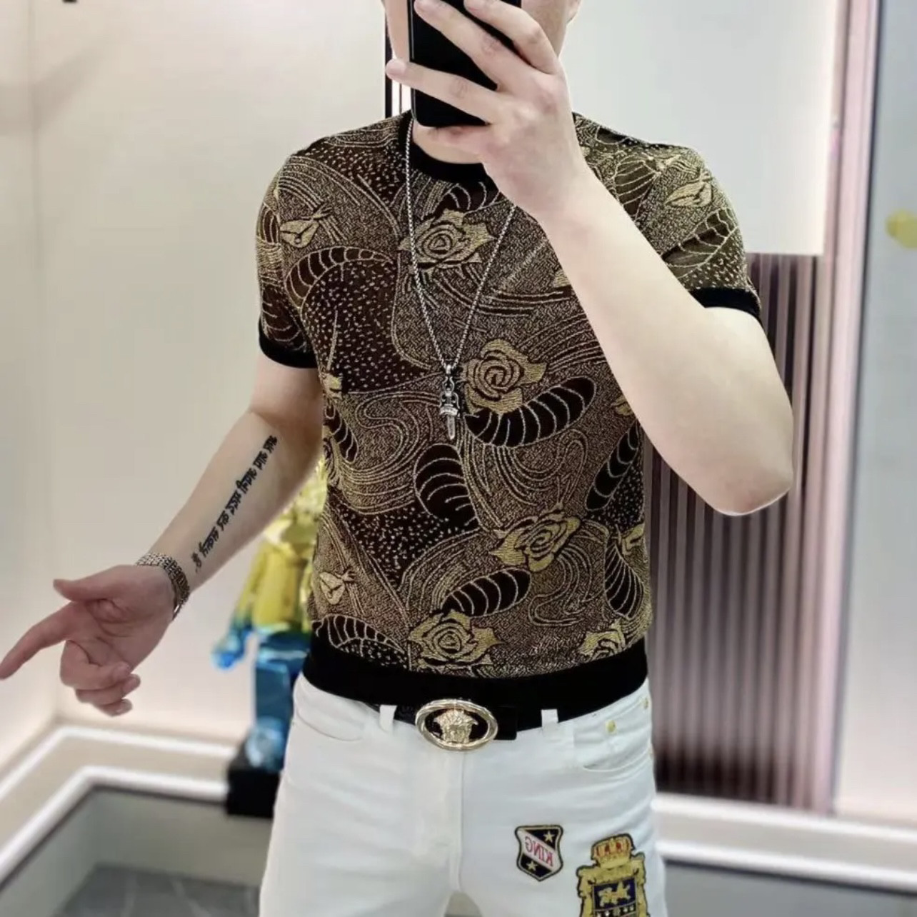 欧货站新款刺绣提花玫瑰花时尚百搭网红痞帅修身显瘦男士短袖上衣