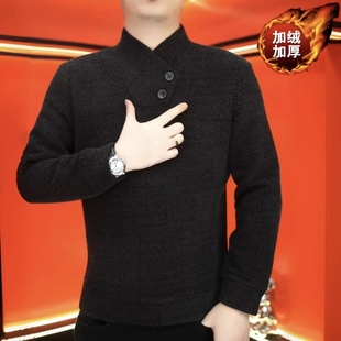 欧货冬季新款男士高品质巾帼领毛呢加绒卫衣时尚修身弹力上衣打底