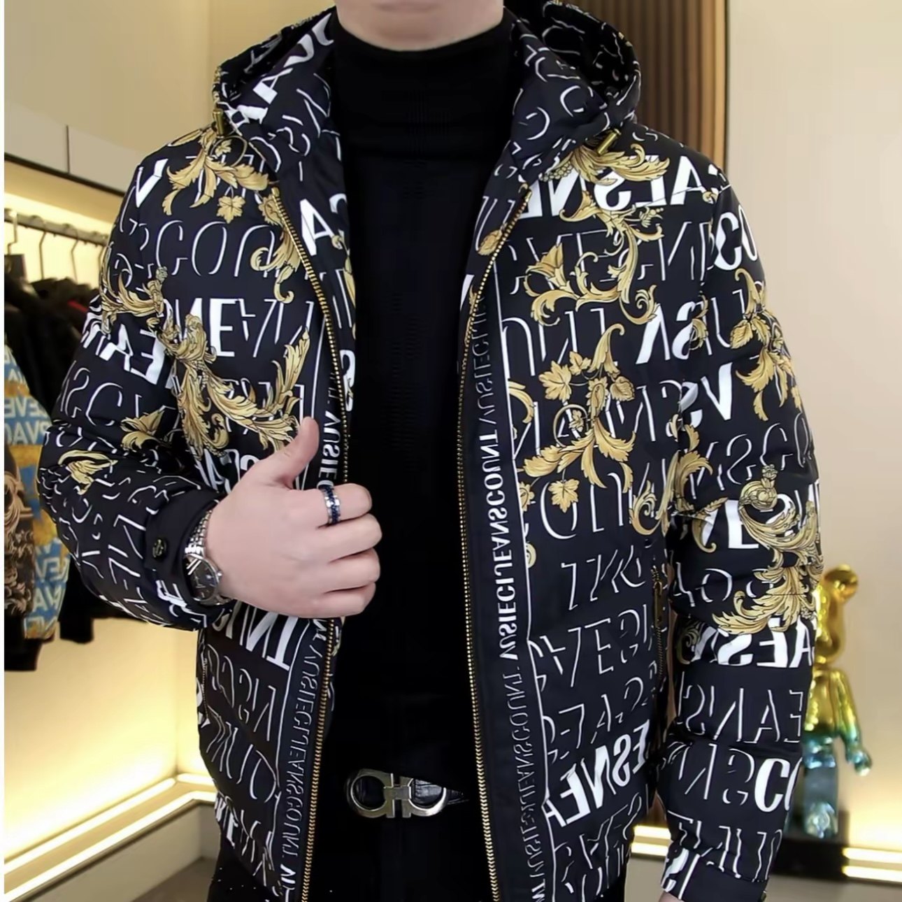 欧货冬季新款男士梭织印花连帽拉链羽绒服时尚修身型男个性上衣男