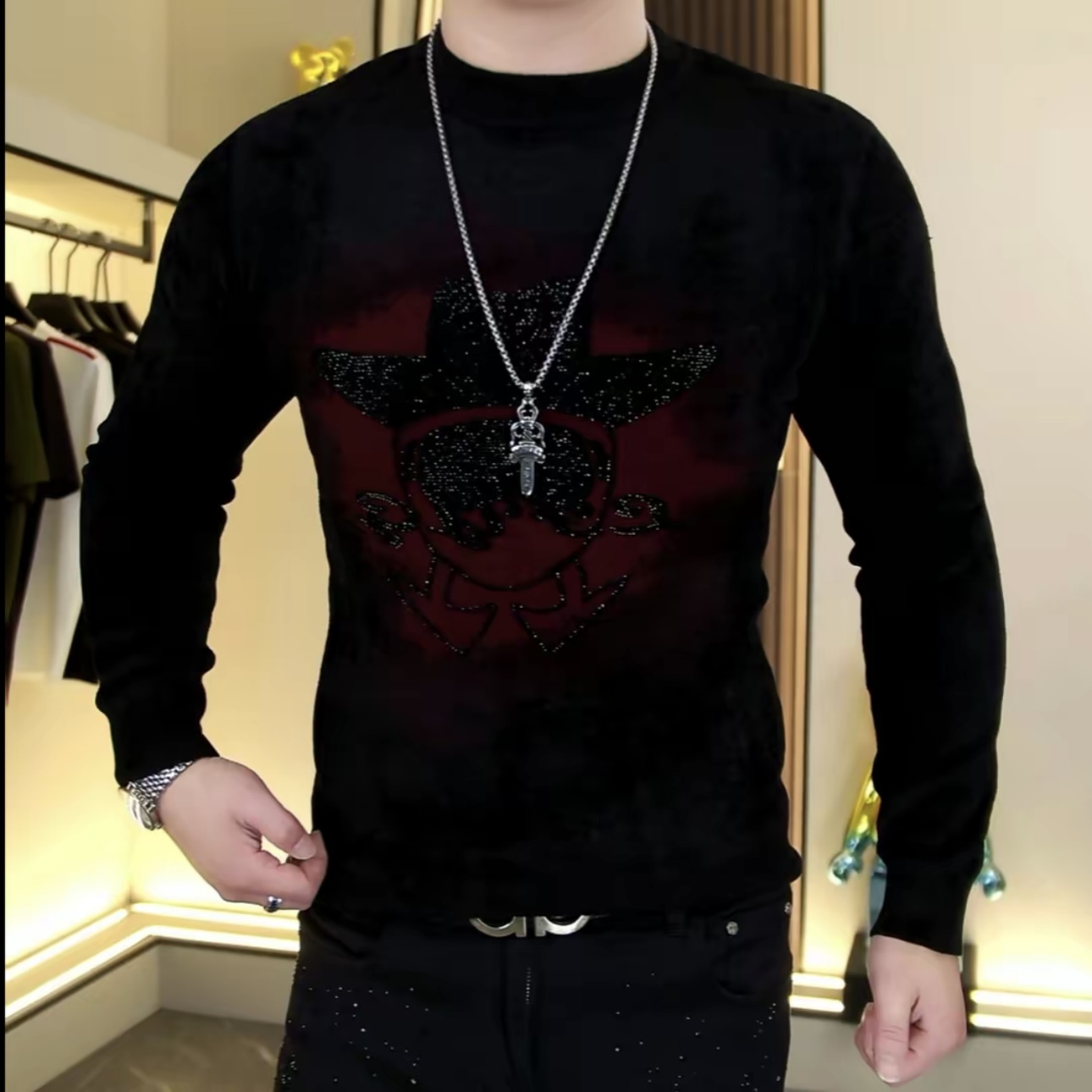 冬季欧货新款男士天鹅绒圆领提花烫钻毛衣时尚百搭修身弹力上衣男