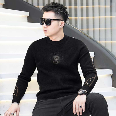 欧货站冬季新款男士天鹅绒针织提花毛衣时尚帅气圆领修身弹力打底