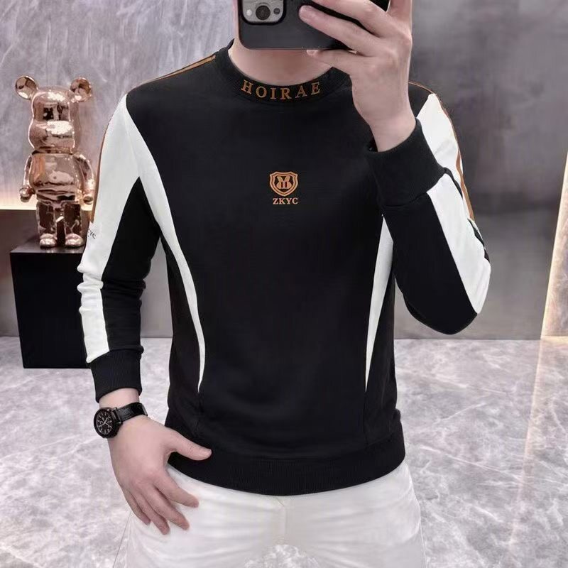 欧版男士秋季新款圆领长袖卫衣时尚修身弹力个性百搭休闲打底衫男