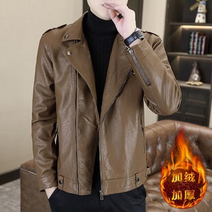 外套时尚 加绒斜拉链翻领皮衣男百搭皮夹克男装 痞帅机车服 新款 冬季
