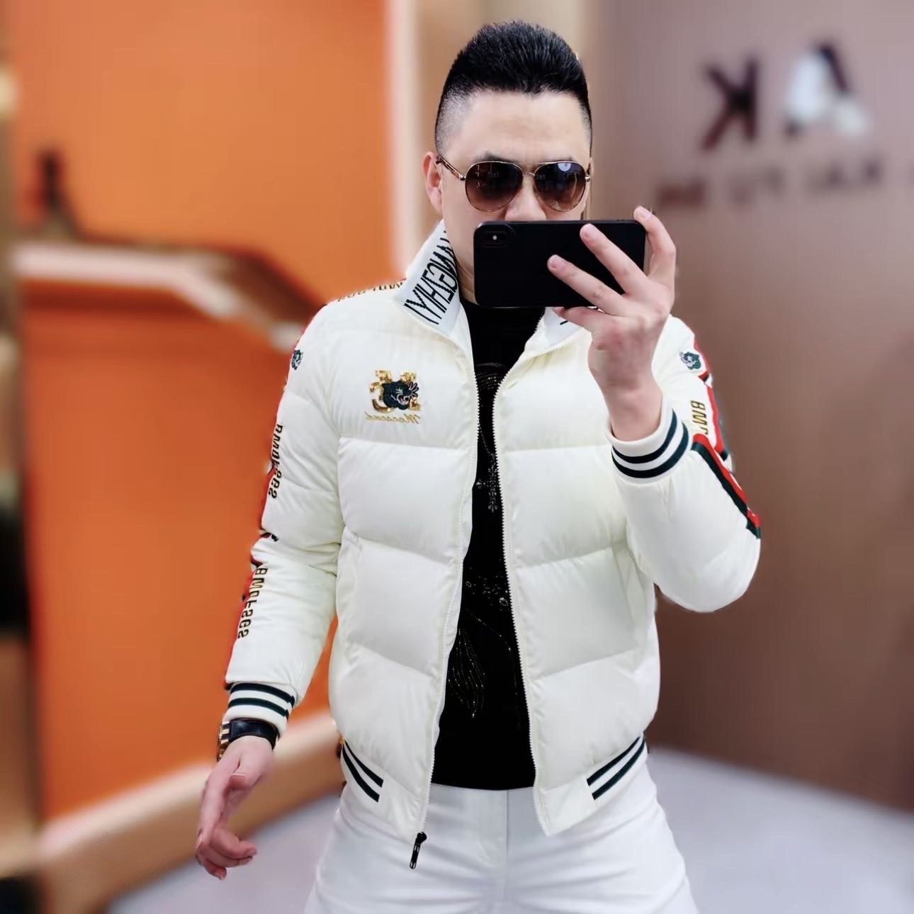 欧货冬季新款男士立领刺绣字母棉衣时尚修身弹力百搭型男上衣外套