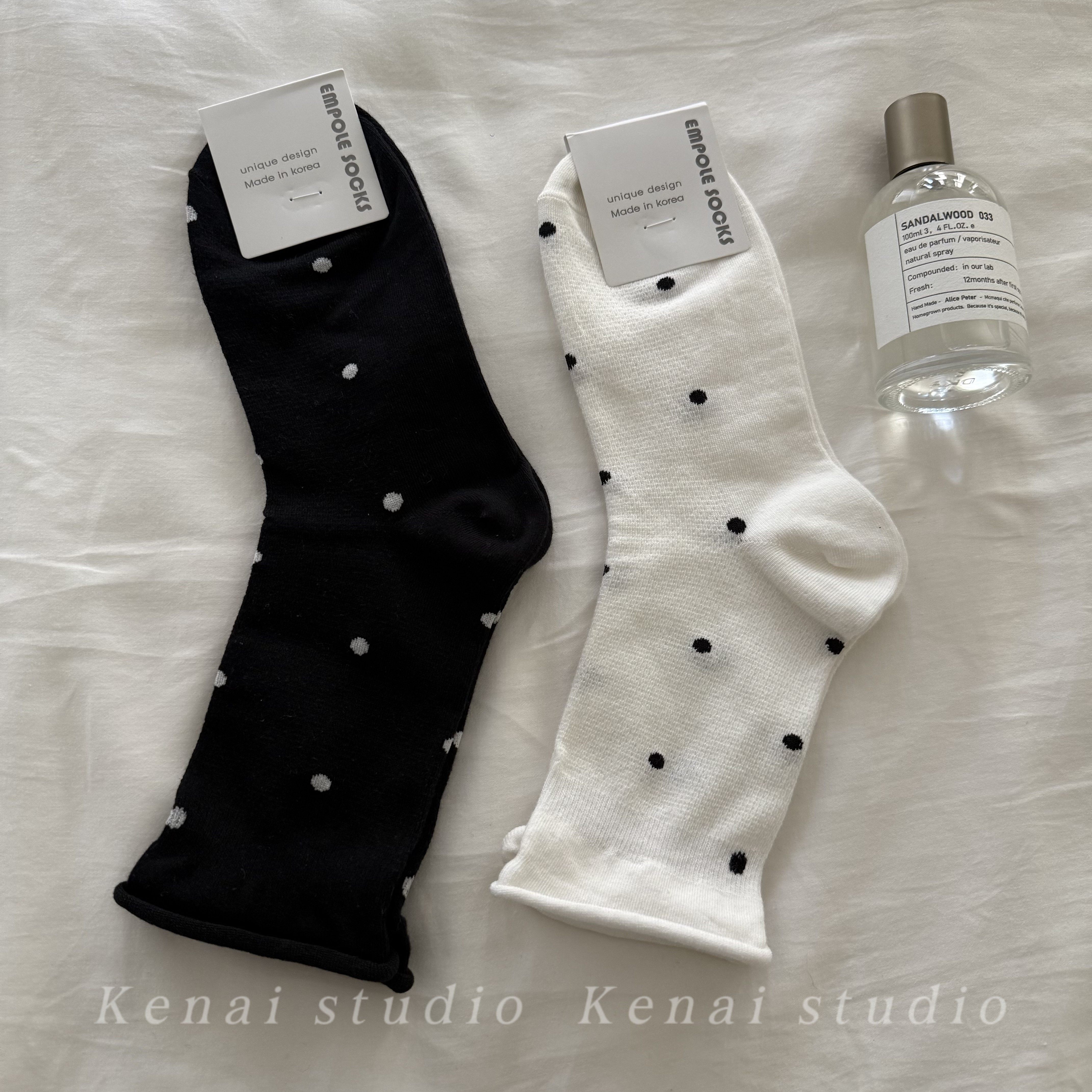 韩国进口赫本风纯棉长筒袜波点卷边高筒堆堆袜透气百搭简约女袜子