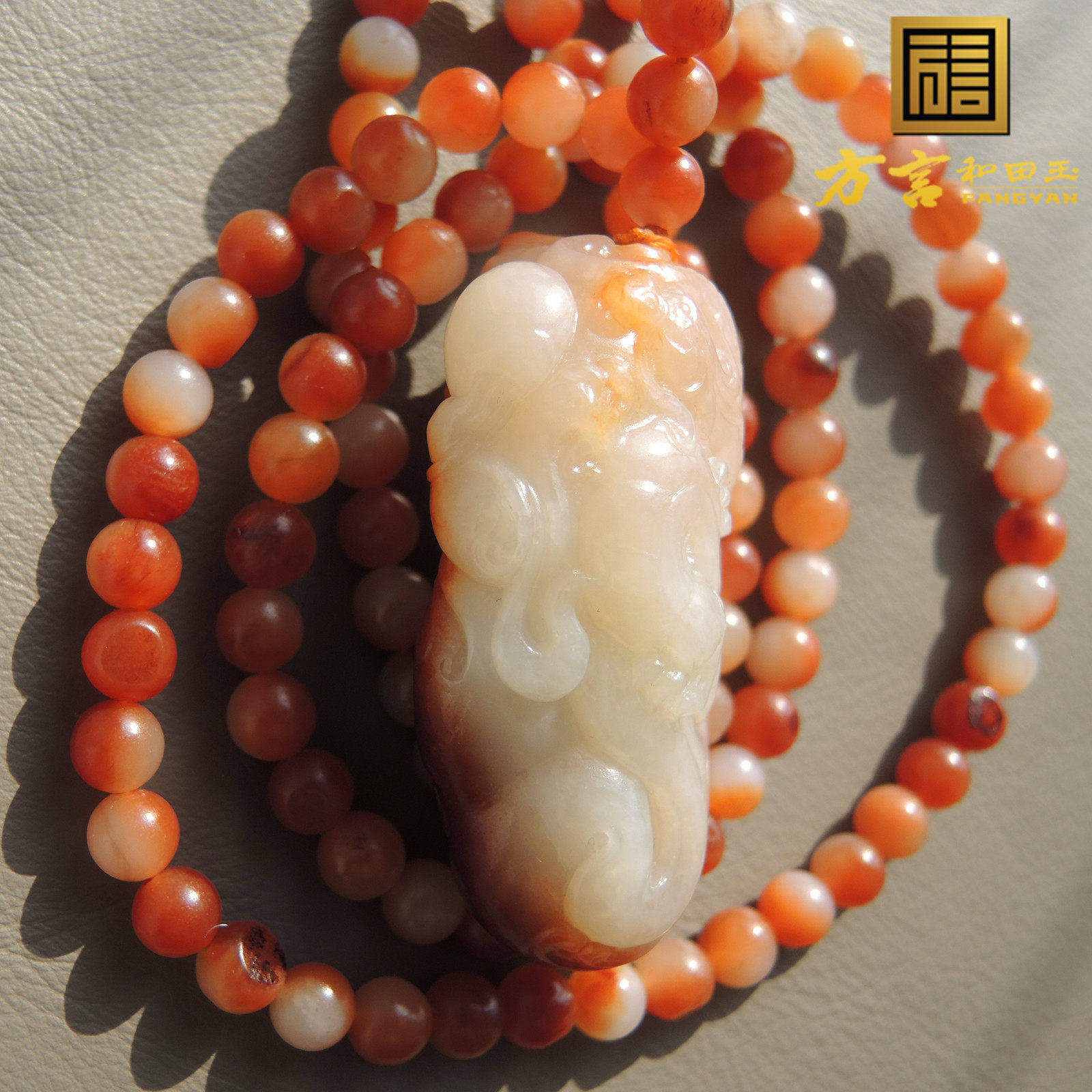 震惊瞭方言品牌和田玉古河道红沁籽料钟馗吊坠橘红沁色圆珠项炼R
