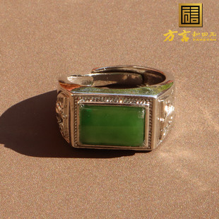 嗨翻天方言品牌和田玉佩戴级俄料碧玉S925银银镶玉男士戒指扳指O7