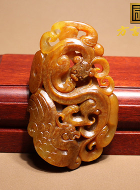 方言收藏级老熟如酥粟子黄色黄玉籽料仿古龙凤呈祥镂空玉石吊坠h8
