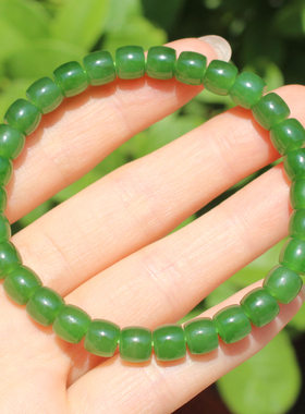 方言和田玉精品俄罗斯老坑料阳绿色碧玉无黑点7mm直切手串手链A5