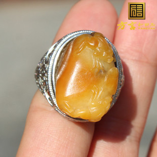 方言和田玉新疆金包银黄沁籽料925银镶玉独籽原石呱呱来财戒指A1