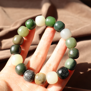 罕见方言和田玉新疆沙枣青且末糖碧玉籽黄沁老型珠13mm多宝手串A2