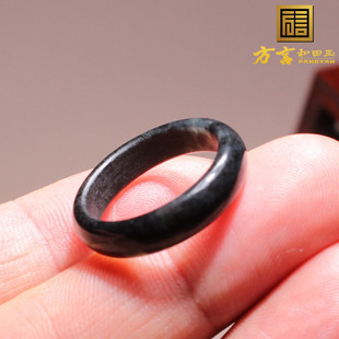 方言和田玉收藏级新疆老料黑羊脂美人髻白玉底墨玉籽料戒指扳指A1
