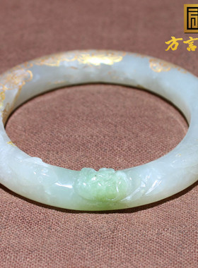 和田玉青海料带翠花开富贵描金镯