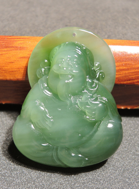 收藏级方言和田玉精品冰底俄罗斯料粉绿猫眼碧玉弥勒佛吊坠挂件h2