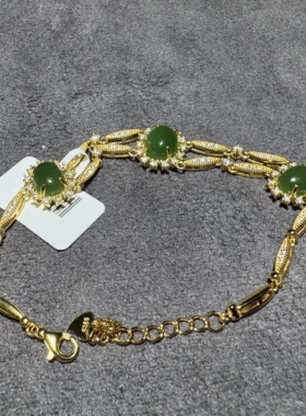 纯福利方言和田玉老坑俄罗斯辣阳绿碧玉银镶蛋面莲花珐琅手链S6