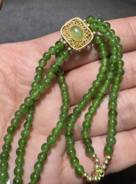 高品质方言和田玉老坑俄料辣菠菜绿精美色标级镶嵌多圈4mm手串S