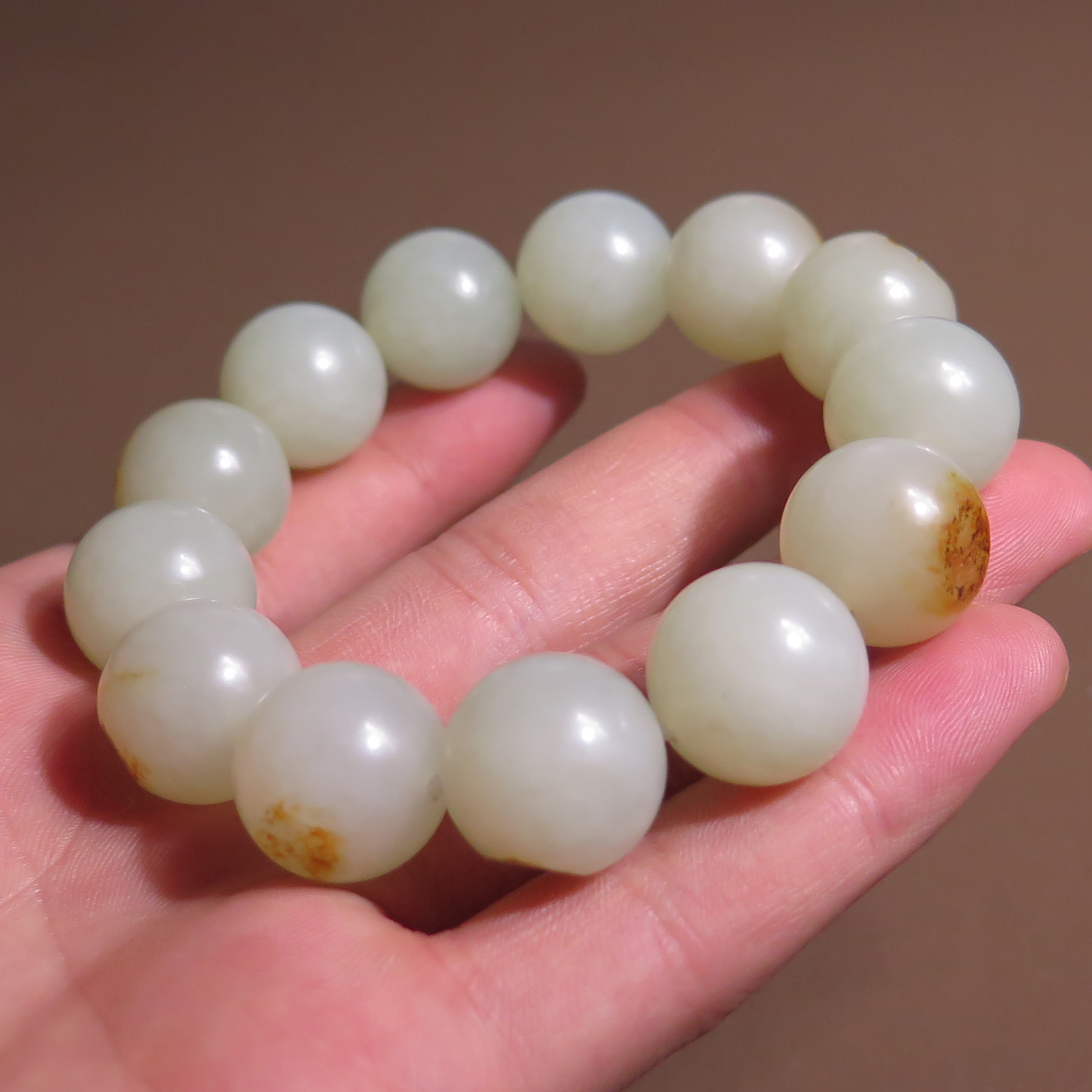 震惊方言品牌和田玉罕见俄料老熟虎皮纹白玉籽料卡16mm手串手链X7