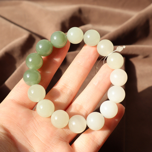 方言和田玉青海老坑料冰底温润白玉渐变湖水绿12mm时尚手链手串A2