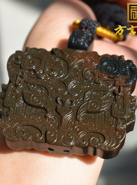 方言和田玉新疆塔县塔青一眼真牛毛纹双色红沁双色双面饕餮牌子R1