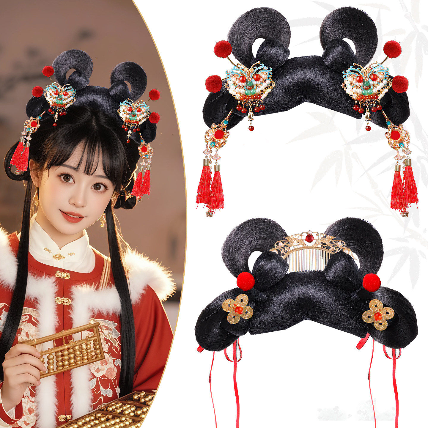 冬季毛绒流苏步摇发髻汉服假发一体式发髻古风头饰女日常花朵造型,美发护发/假发,演出假发,淘宝优惠券,粉丝福利购,淘宝优惠卷