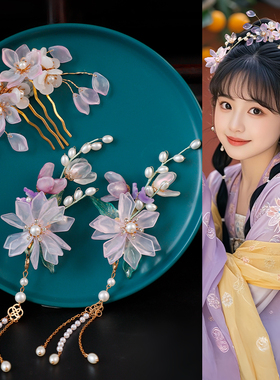 国风花朵古风发饰紫色步摇发冠琉璃流苏对夹唐风少女明制汉服头饰